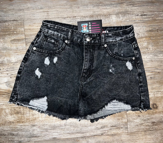 BLACK DISTRESSED DENIM SHORTS